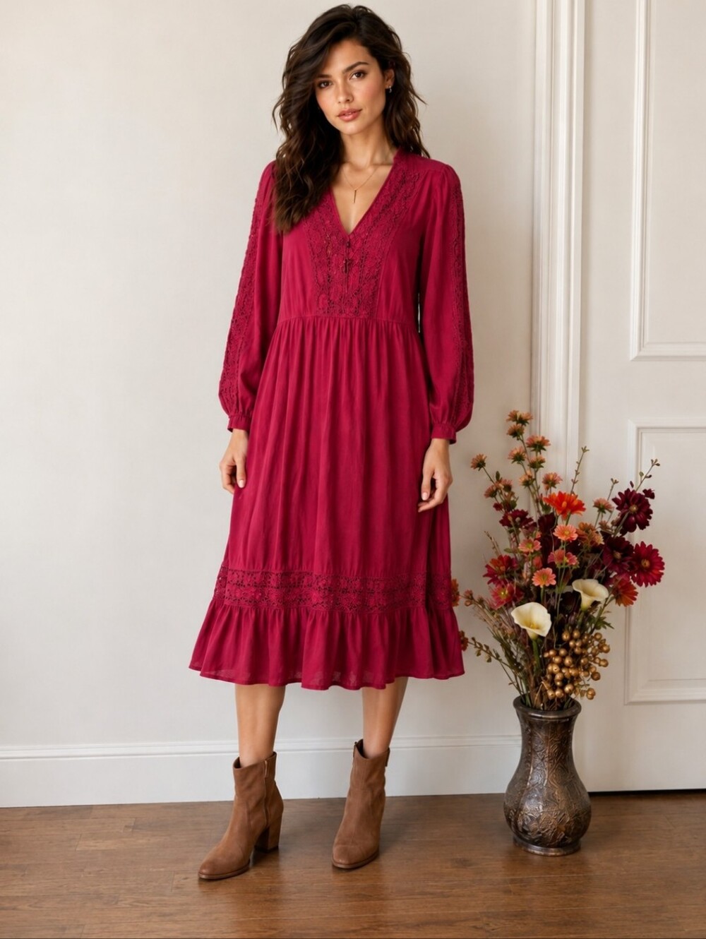 April Cornell | Burgundy Boho Embroidered Midi Dress | Pockets